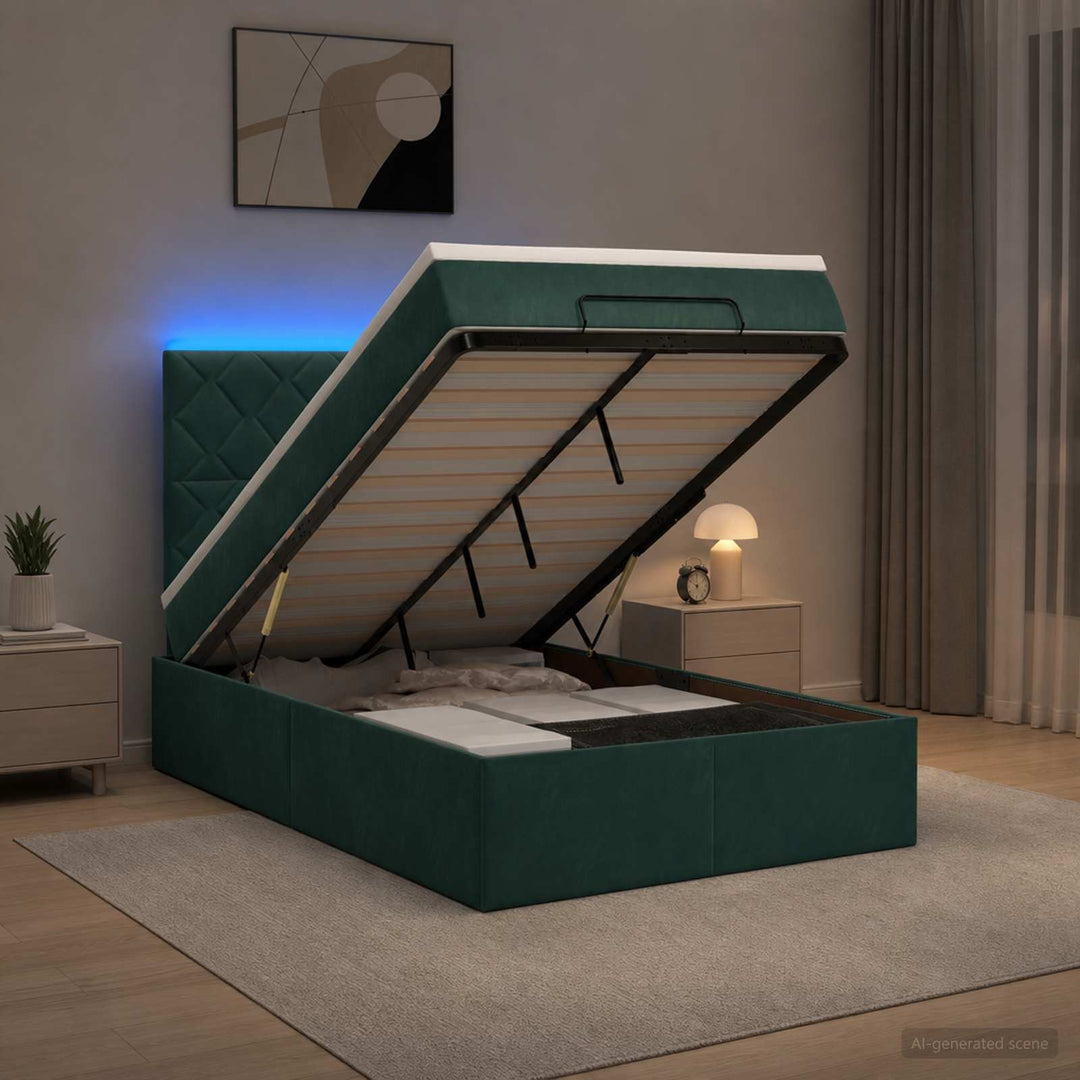 Ottoman seng med madras og LED Mørkegrøn 120 x 200 cm Fløjl