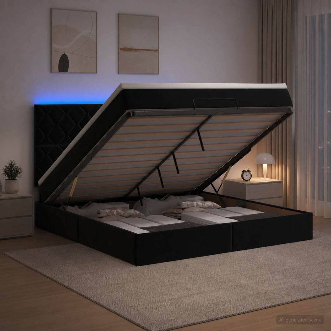 Ottoman seng med madras og LED Sort 140 x 190 cm Fløjl
