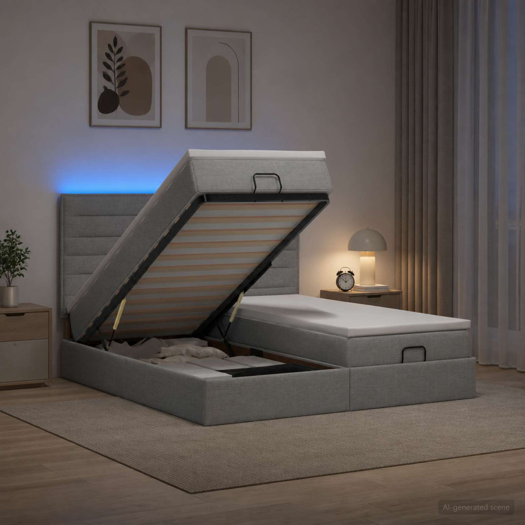 Ottoman seng med madras og LED Lysegrå 200 x 200 cm Stof