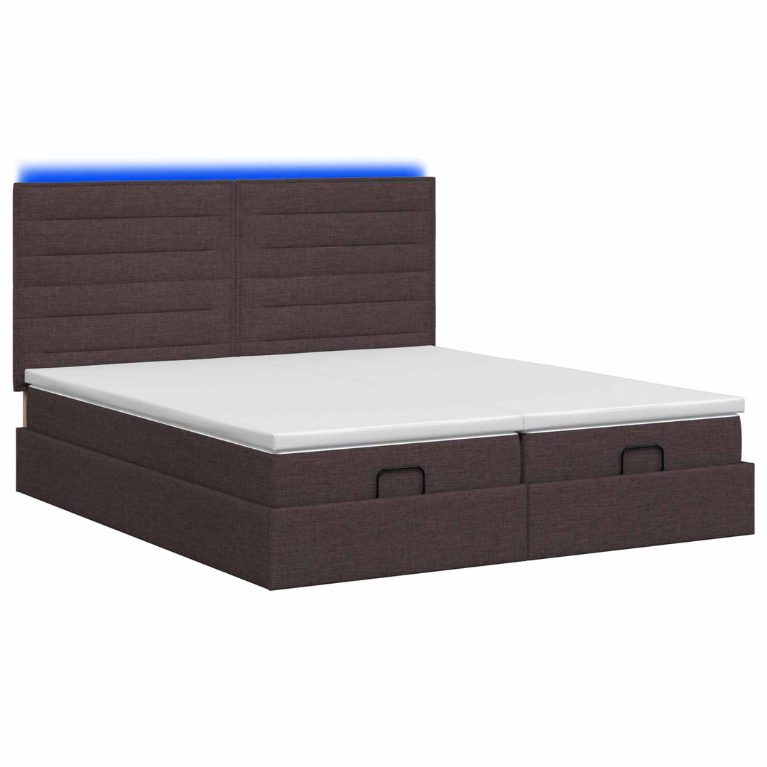 Ottoman seng med madras og LED Mørk Brun 180 x 200 cm Stof