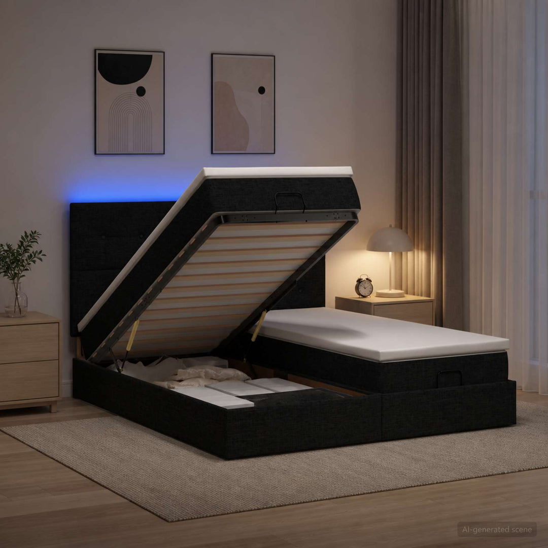 Ottoman seng med madras og LED Sort 180 x 200 cm Stof