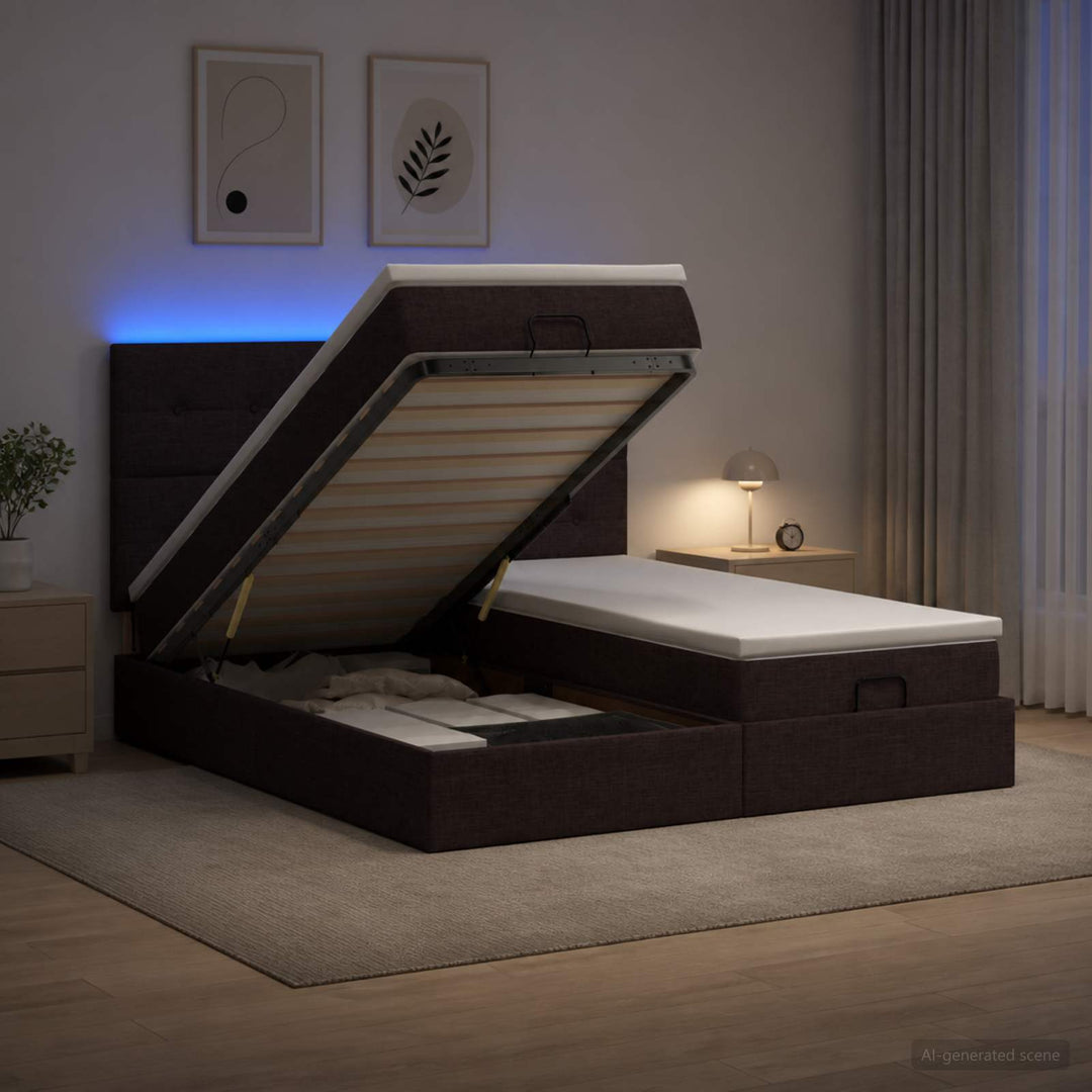 Ottoman seng med madras og LED Mørk Brun 180 x 200 cm Stof