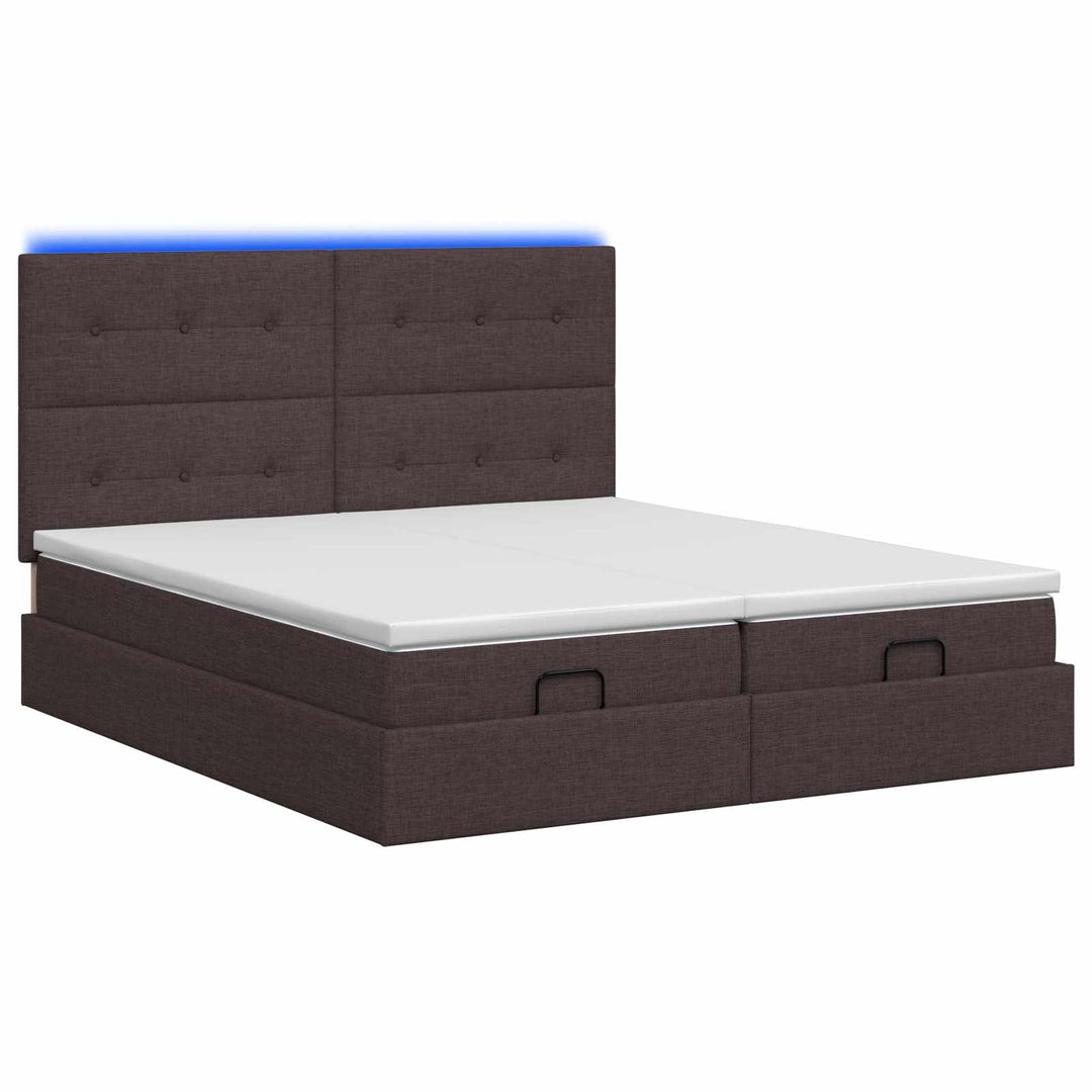 Ottoman seng med madras og LED Mørk Brun 180 x 200 cm Stof