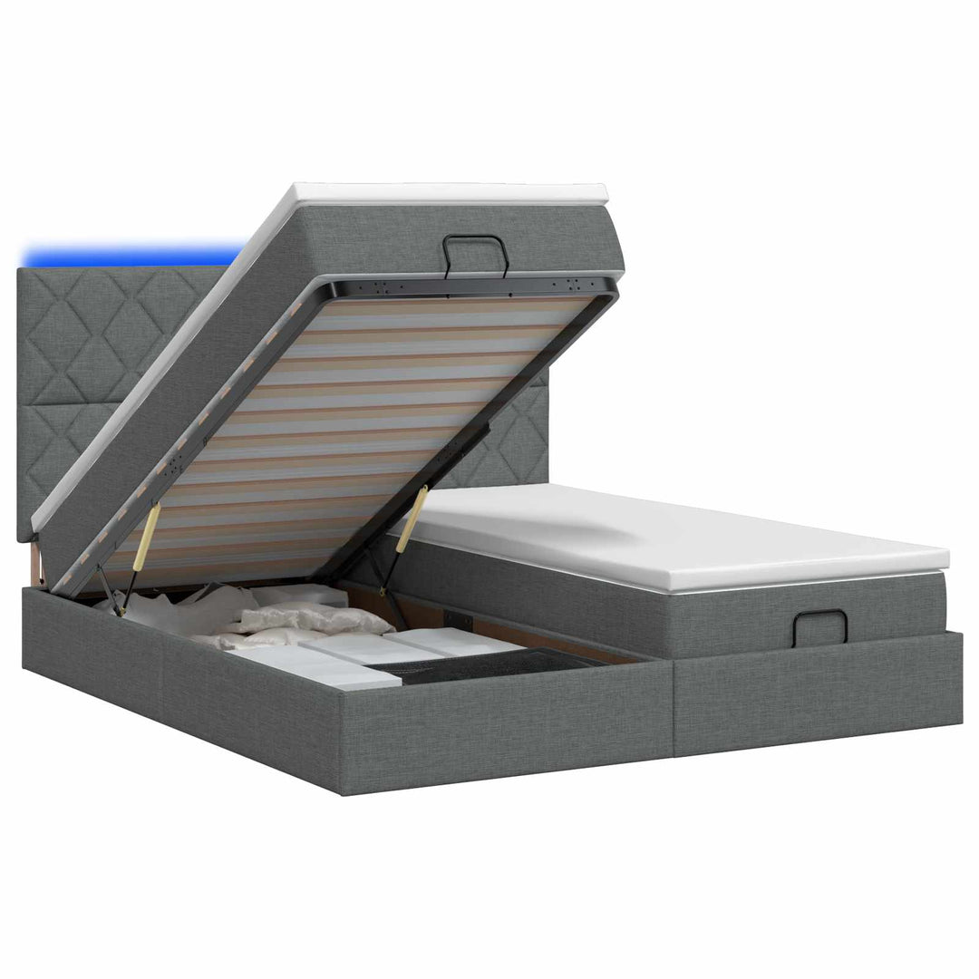 Ottoman seng med madras og LED Mørkegrå 160 x 200 cm Stof