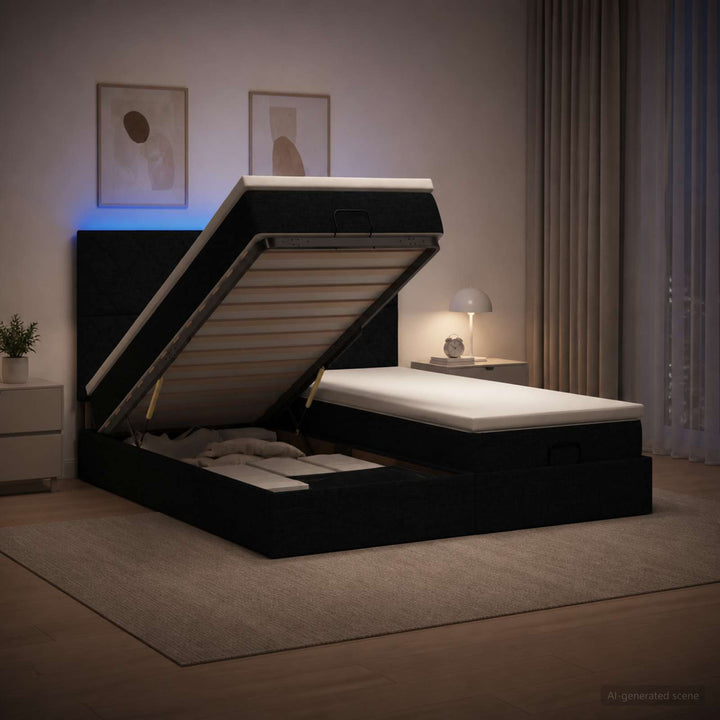 Ottoman seng med madras og LED Sort 200 x 200 cm Stof