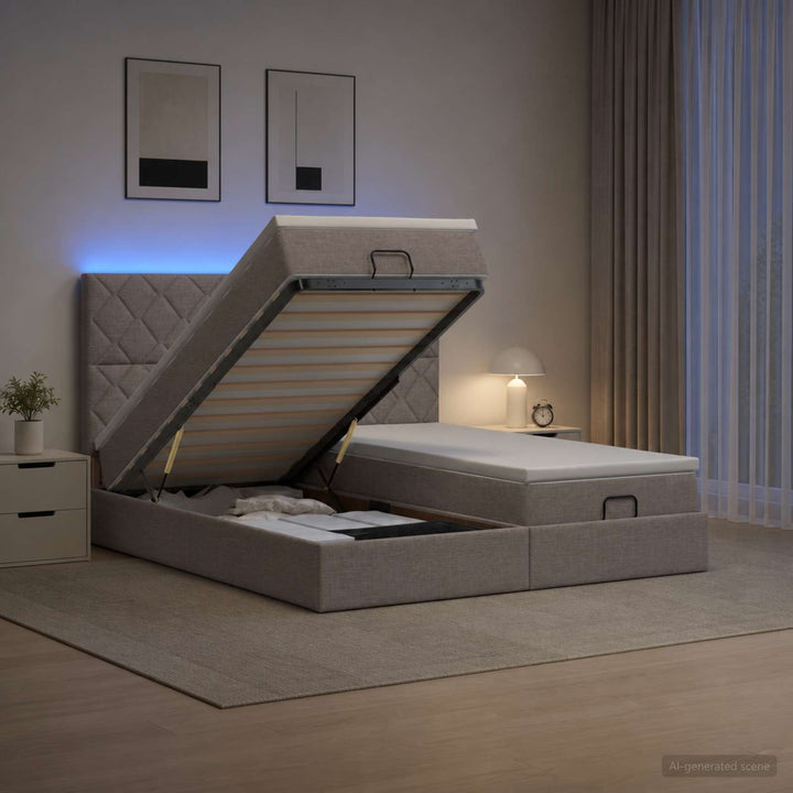 Ottoman seng med madras og LED Gråbrun 160 x 200 cm Stof