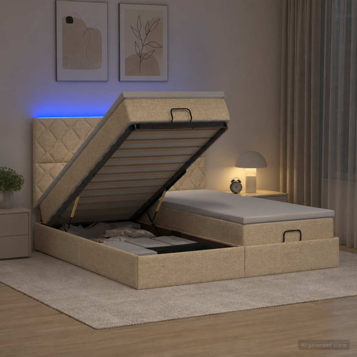 Ottoman seng med madras og LED Cremefarvet 200 x 200 cm Stof