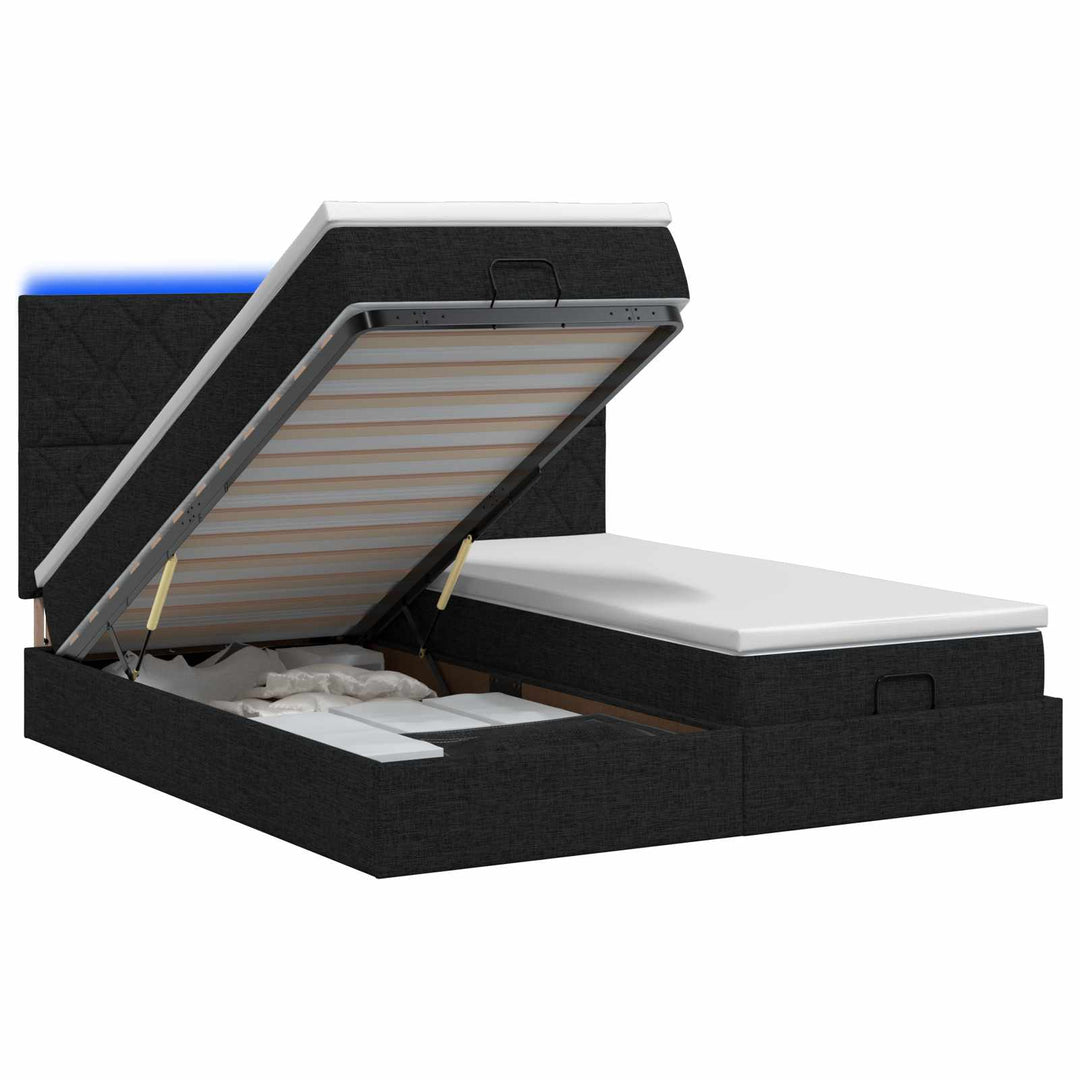Ottoman seng med madras og LED Sort 200 x 200 cm Stof