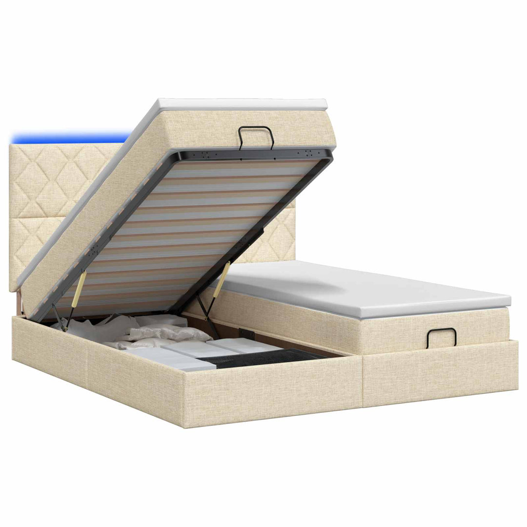 Ottoman seng med madras og LED Cremefarvet 200 x 200 cm Stof