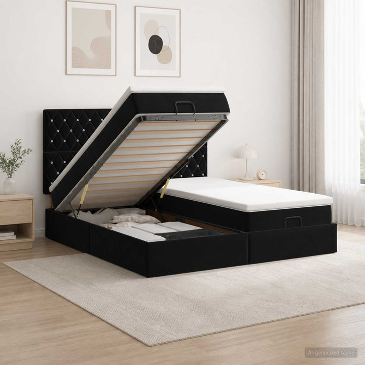 Ottoman seng med madras og LED Sort 200 x 200 cm Velour