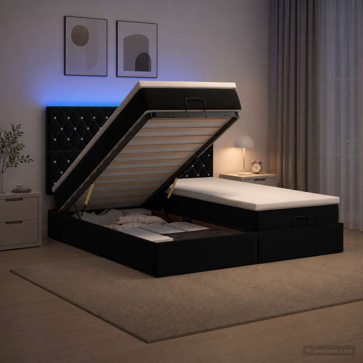 Ottoman seng med madras og LED Sort 200 x 200 cm Velour