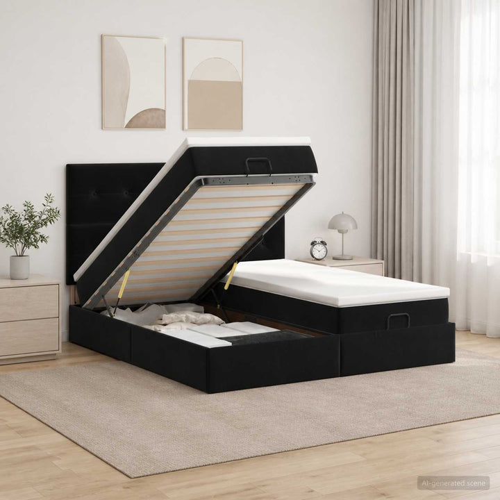 Ottoman seng med madras og LED Sort 200 x 200 cm Velour