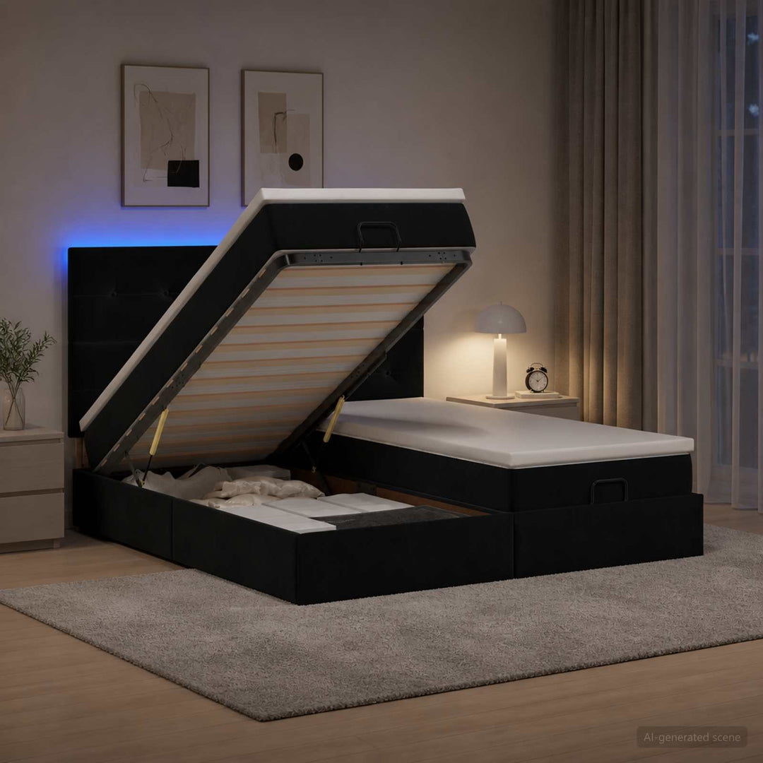 Ottoman seng med madras og LED Sort 200 x 200 cm Velour