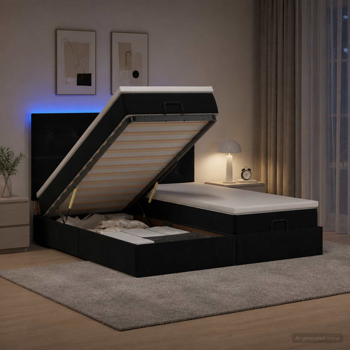 Ottoman seng med madras og LED Sort 200 x 200 cm Velour