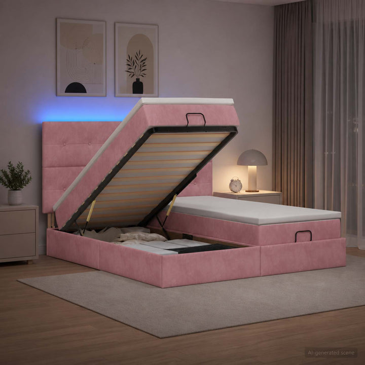 Ottoman seng med madras og LED Lyserød 200 x 200 cm Velour