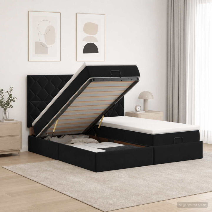 Ottoman seng med madras og LED Sort 180 x 200 cm Velour