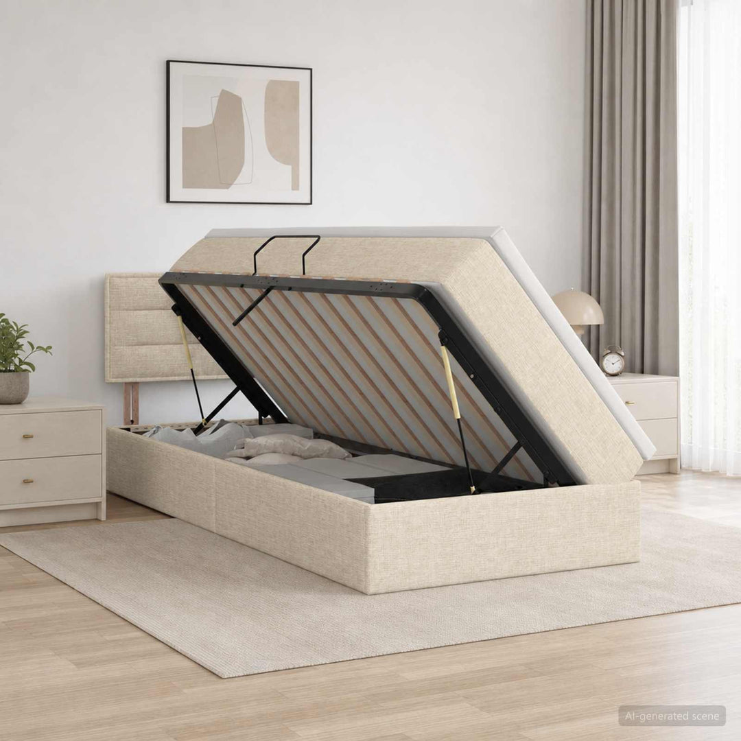LED opbevarings seng med madras Cremefarvet 100 x 200 cm Stof