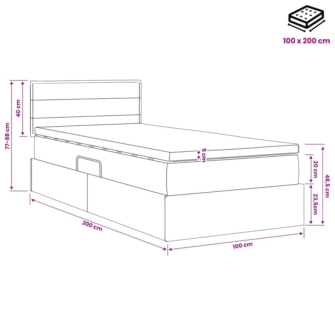 Seng med opbevaring og madras Cremefarvet 100 x 200 cm Fløjl