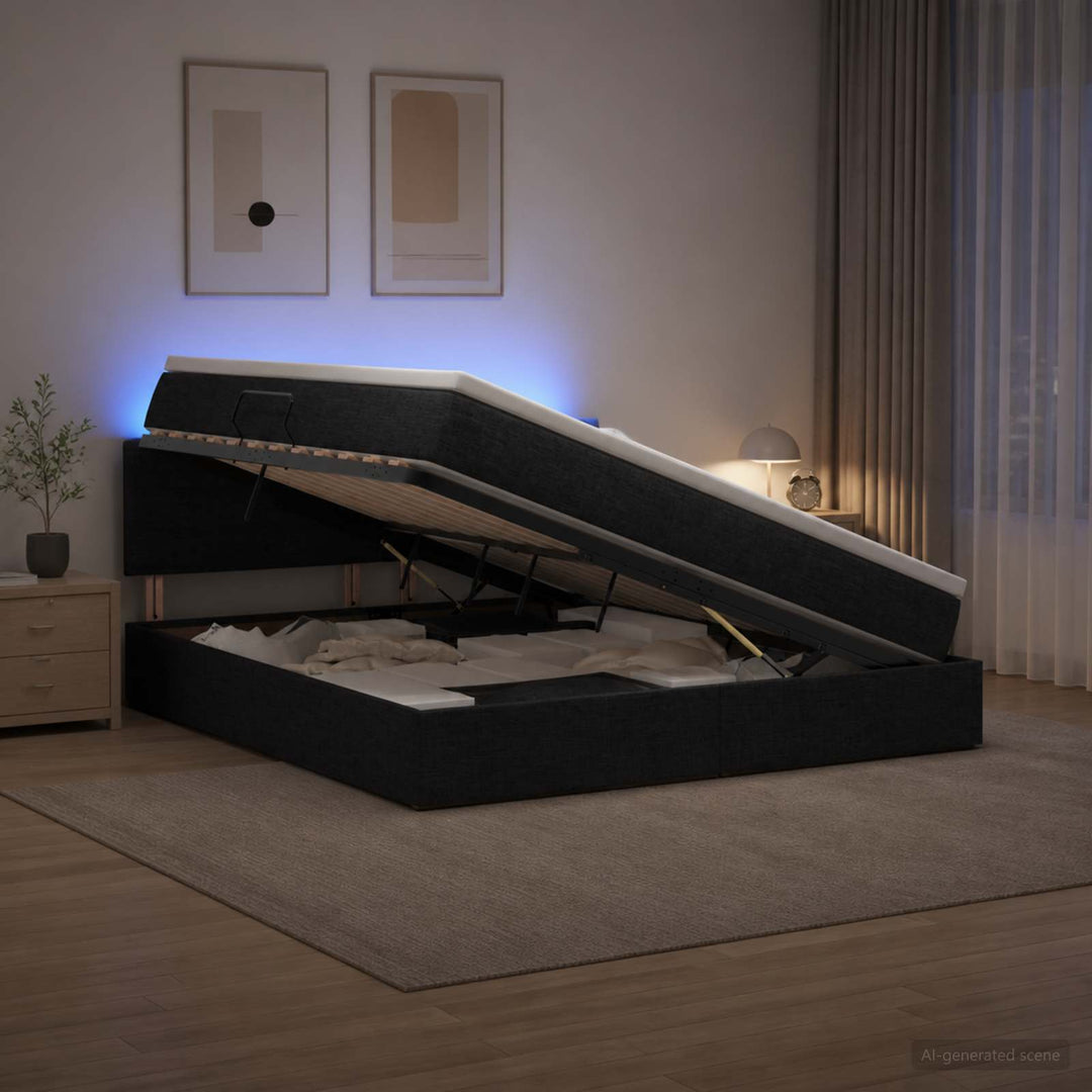 LED opbevarings seng med madras Sort 140 x 190 cm Stof