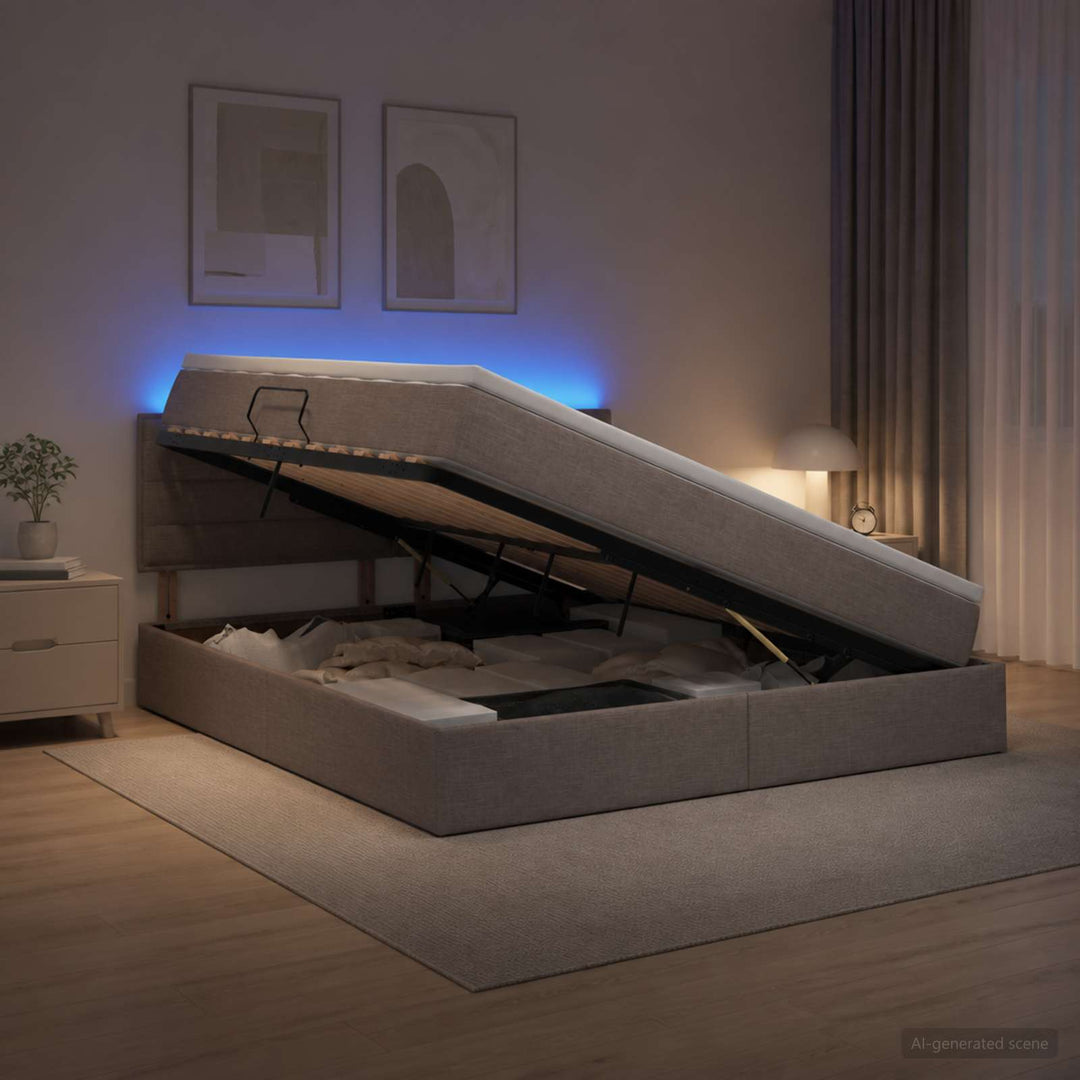 LED opbevarings seng med madras Gråbrun 180 x 200 cm Stof