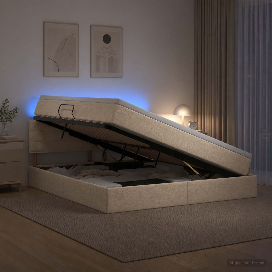 LED opbevarings seng med madras Cremefarvet 140 x 200 cm Stof