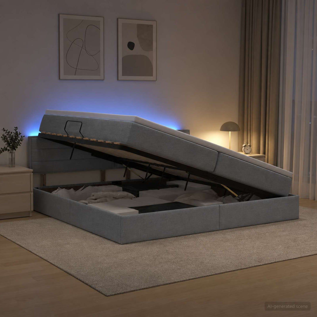 LED opbevarings seng med madras Lysegrå 200 x 200 cm Stof