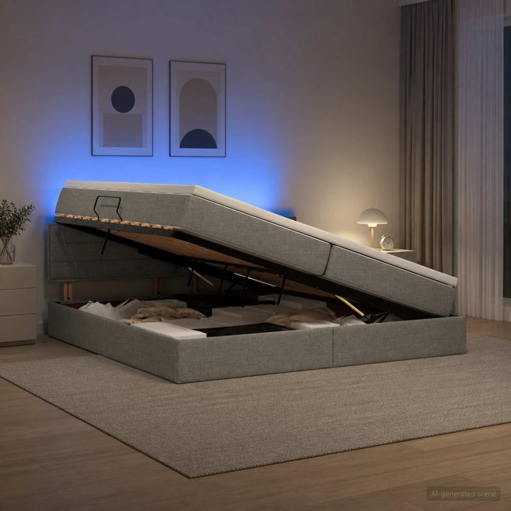 LED opbevarings seng med madras Mørkegrå 200 x 200 cm Stof
