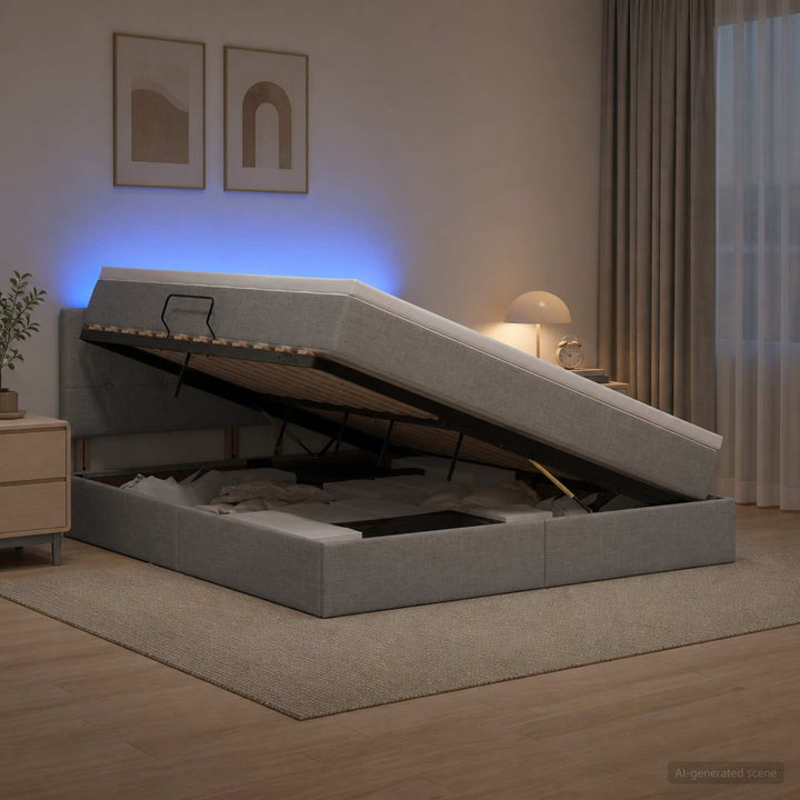 LED opbevarings seng med madras Lysegrå 140 x 190 cm Stof