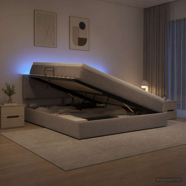 LED opbevarings seng med madras Gråbrun 180 x 200 cm Stof