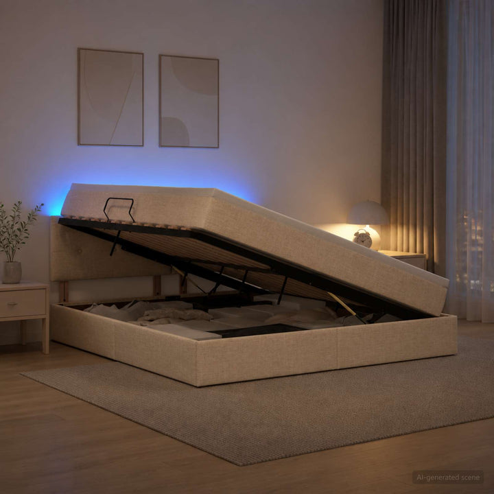 LED opbevarings seng med madras Cremefarvet 160 x 200 cm Stof