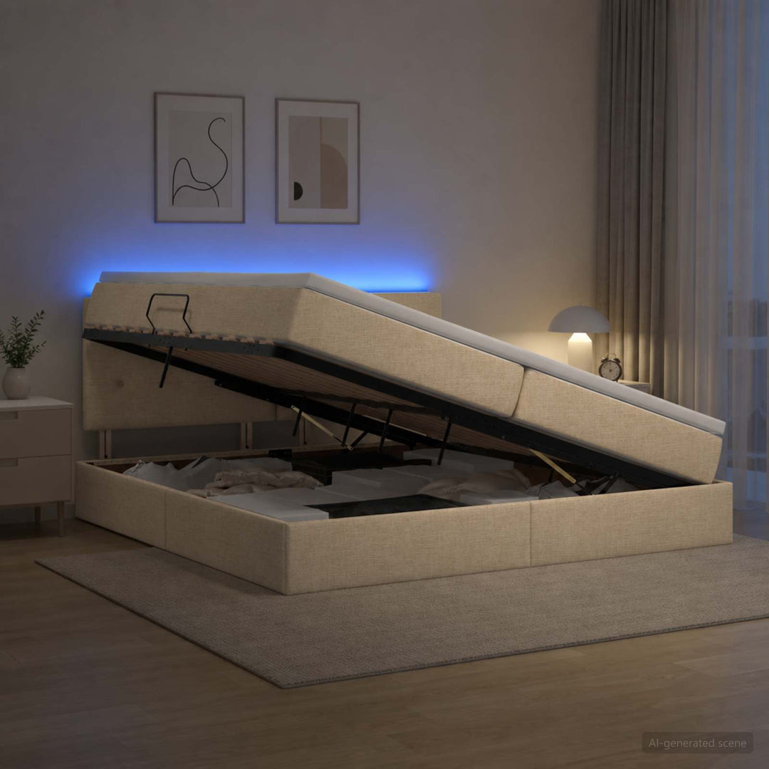 LED opbevarings seng med madras Cremefarvet 200 x 200 cm Stof