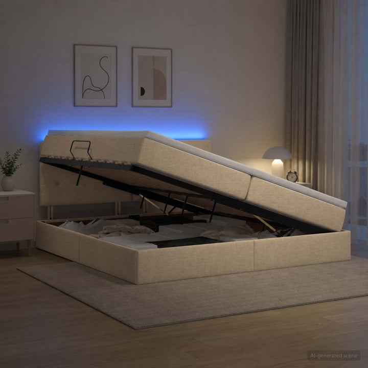 LED opbevarings seng med madras Cremefarvet 200 x 200 cm Stof