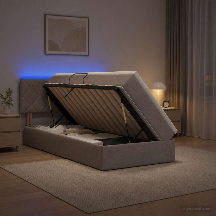 LED opbevarings seng med madras Gråbrun 90 x 190 cm Stof