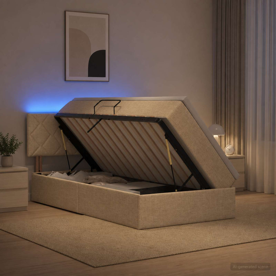 LED opbevarings seng med madras Cremefarvet 90 x 190 cm Stof
