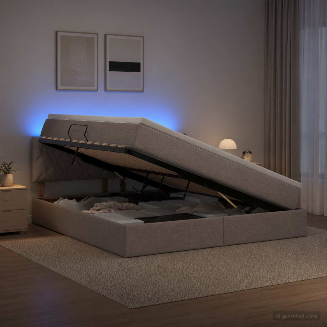 LED opbevarings seng med madras Gråbrun 140 x 200 cm Stof