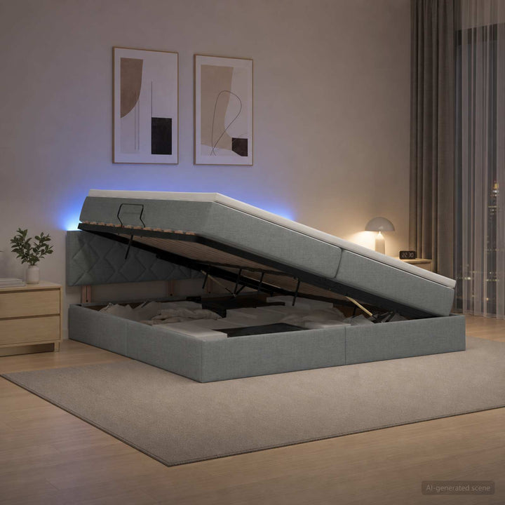LED opbevarings seng med madras Lysegrå 200 x 200 cm Stof