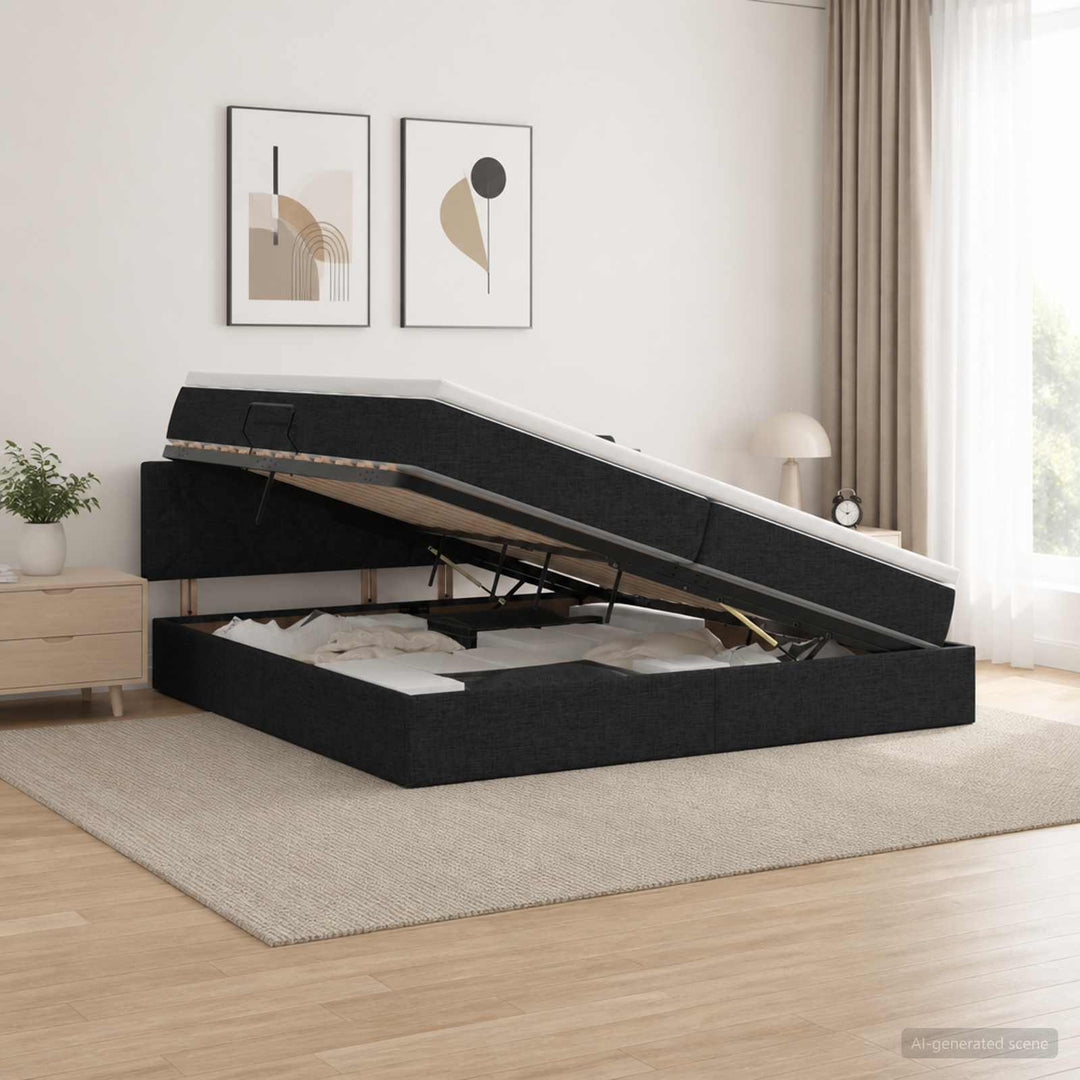 Seng med opbevaring og madras Sort 200 x 200 cm Fløjl