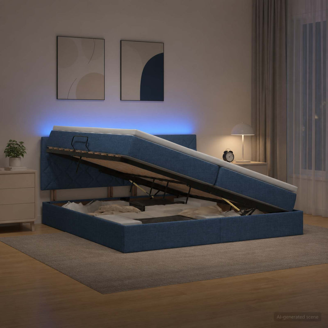 LED opbevarings seng med madras Blå 200 x 200 cm Stof
