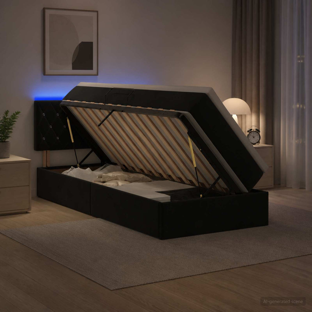 LED opbevarings seng med madras Sort 100 x 200 cm Fløjl