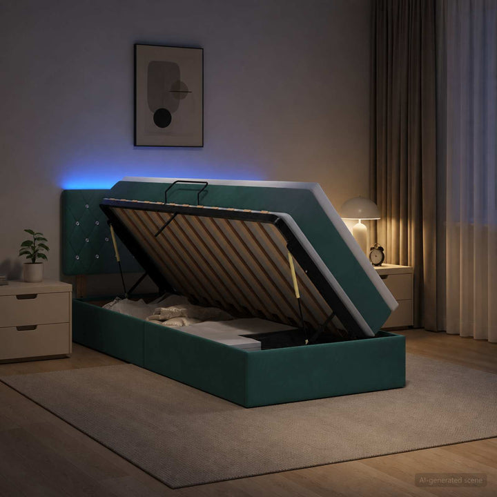 LED opbevarings seng med madras Mørkegrøn 100 x 200 cm Fløjl