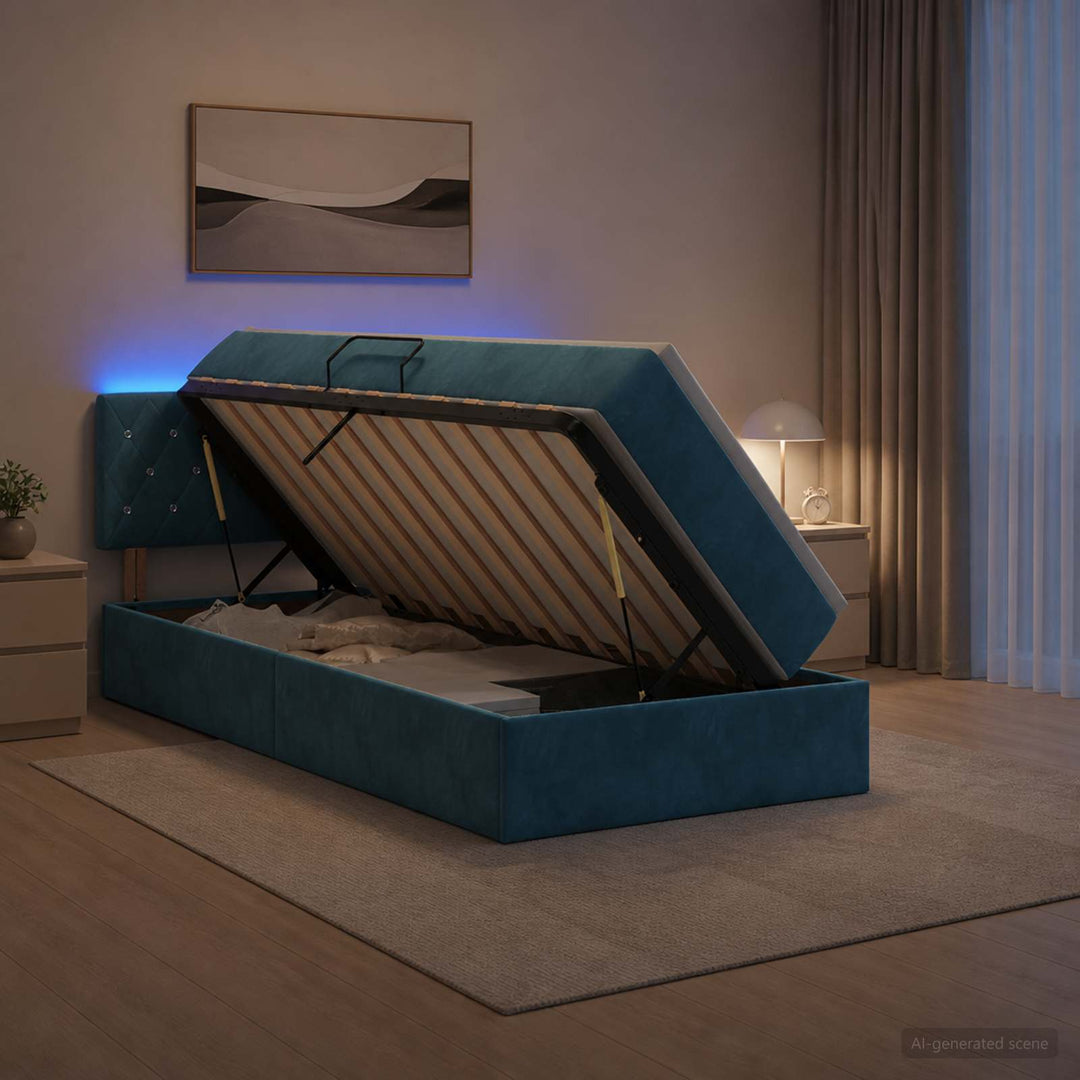 LED opbevarings seng med madras Mørk blå 100 x 200 cm Fløjl