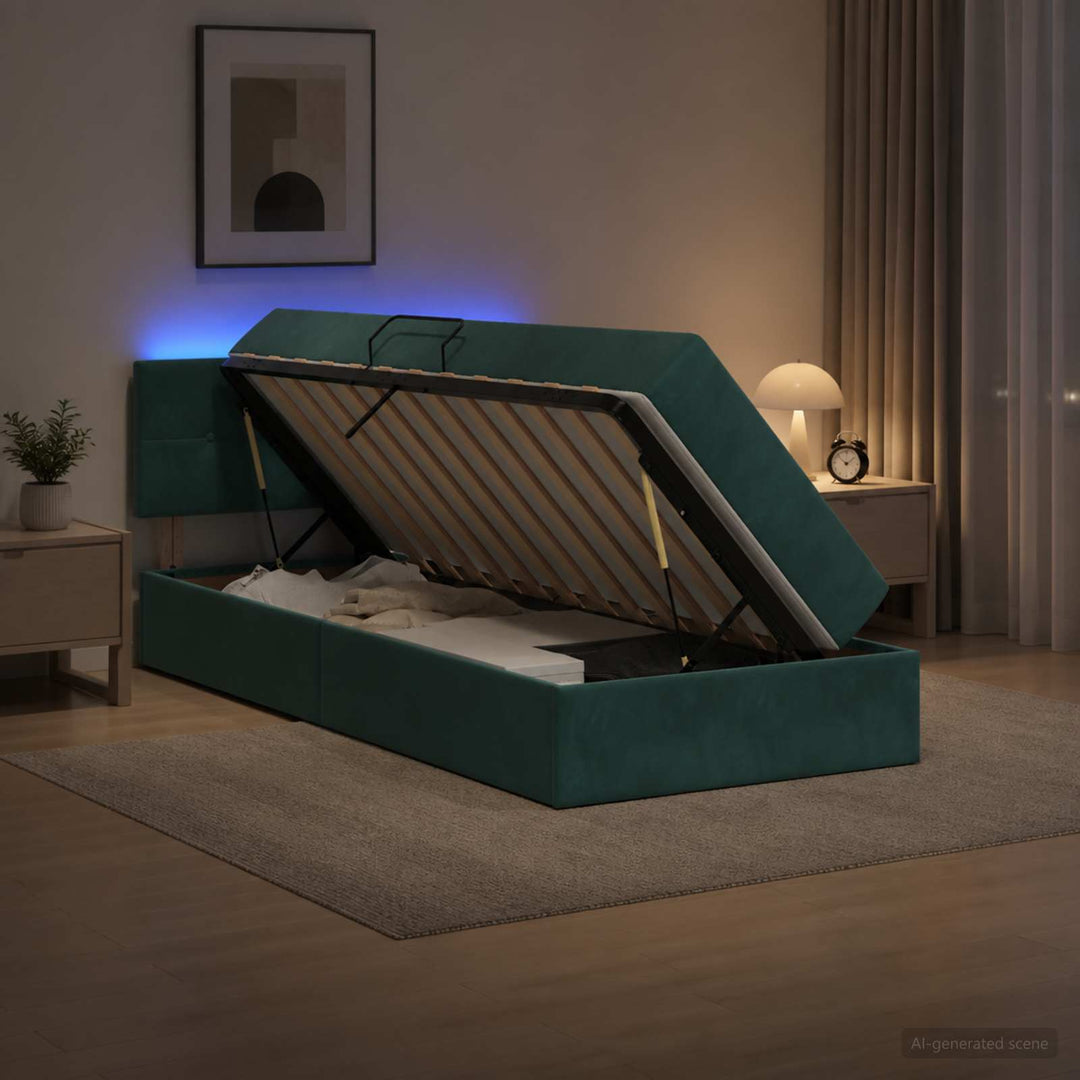 LED opbevarings seng med madras Mørkegrøn 100 x 200 cm Fløjl