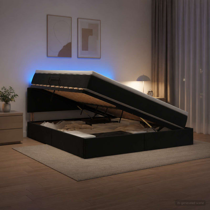 LED opbevarings seng med madras Sort 180 x 200 cm Fløjl