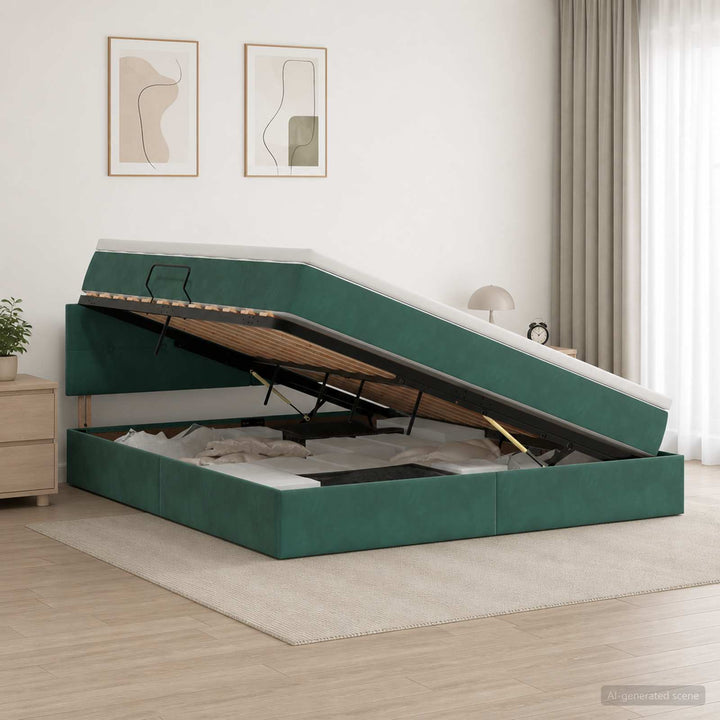 LED opbevarings seng med madras Mørkegrøn 140 x 200 cm Fløjl