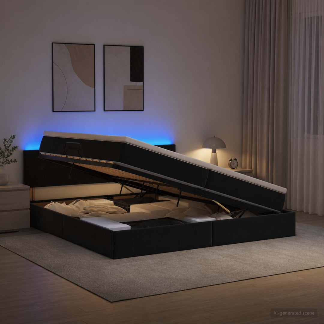 LED opbevarings seng med madras Sort 200 x 200 cm Fløjl