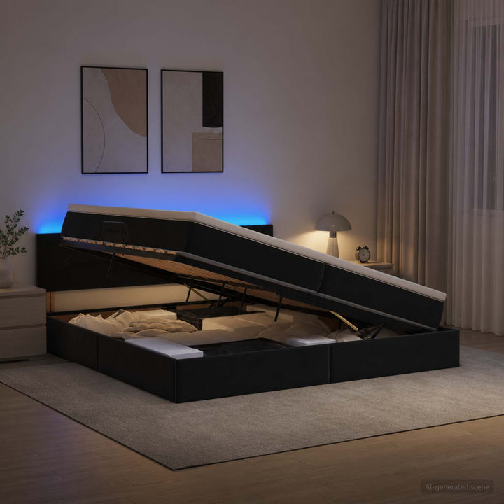 LED opbevarings seng med madras Sort 200 x 200 cm Fløjl