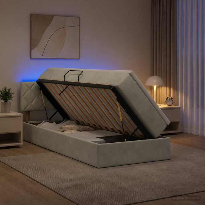LED opbevarings seng med madras Lysegrå 100 x 200 cm Fløjl