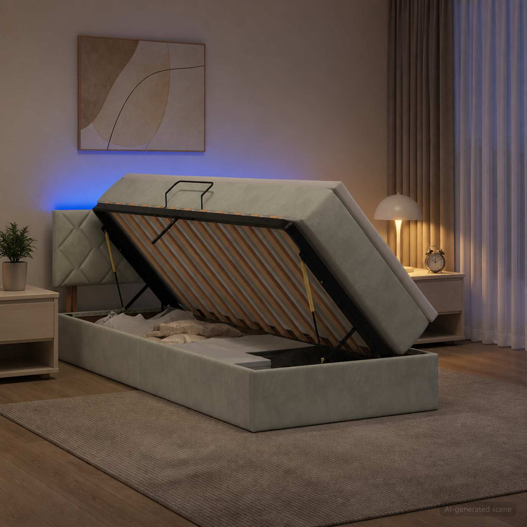 LED opbevarings seng med madras Lysegrå 90 x 200 cm Fløjl