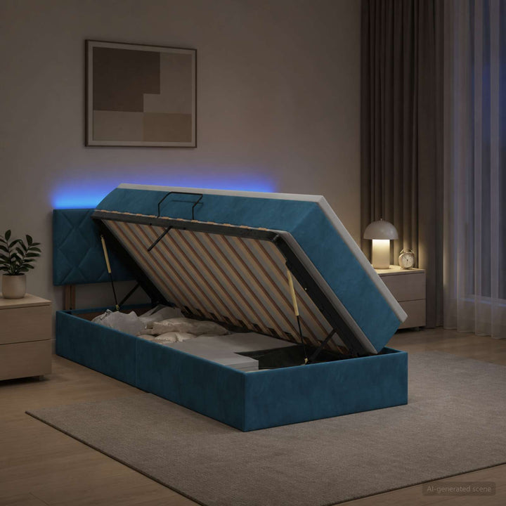 LED opbevarings seng med madras Mørk blå 100 x 200 cm Fløjl