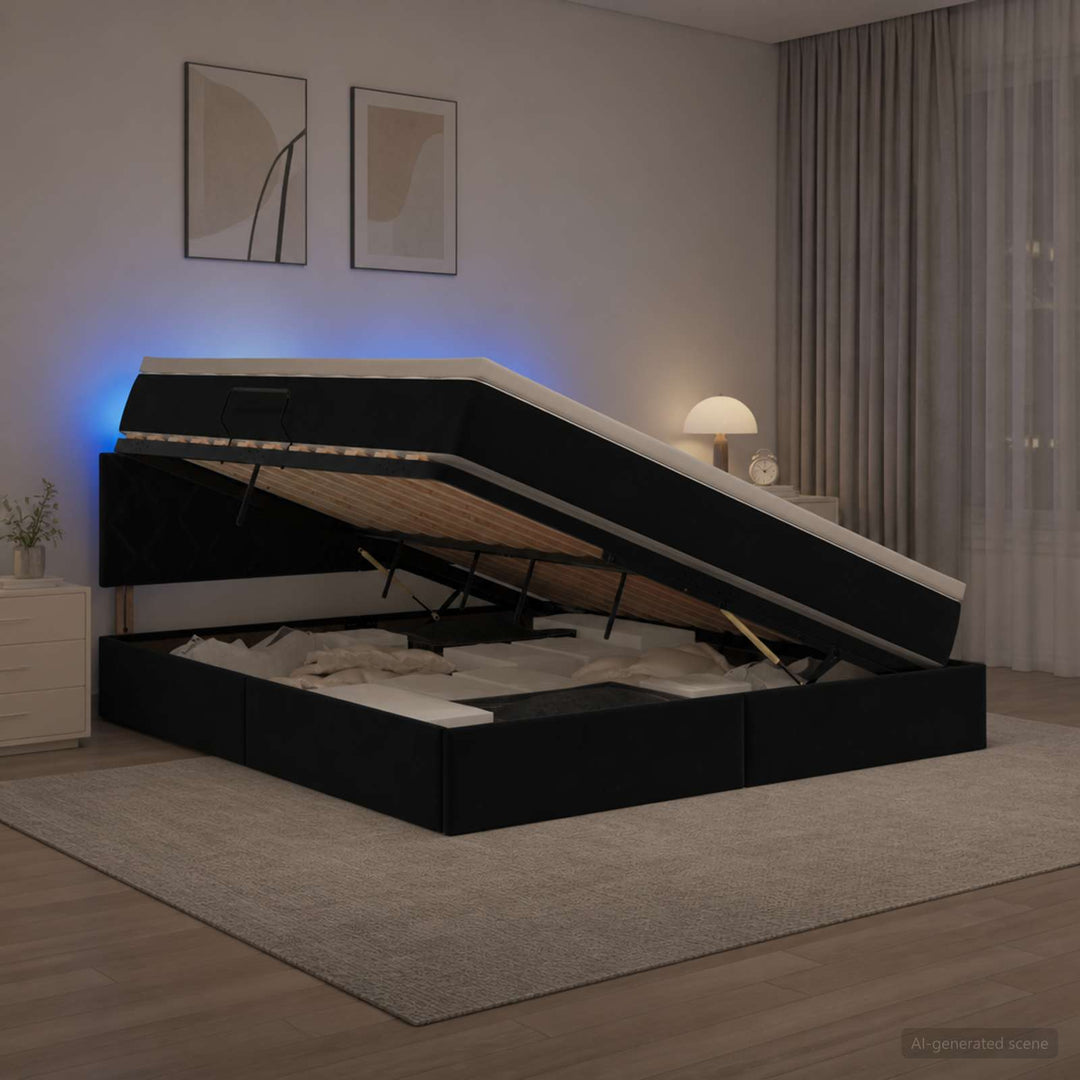 LED opbevarings seng med madras Sort 160 x 200 cm Fløjl